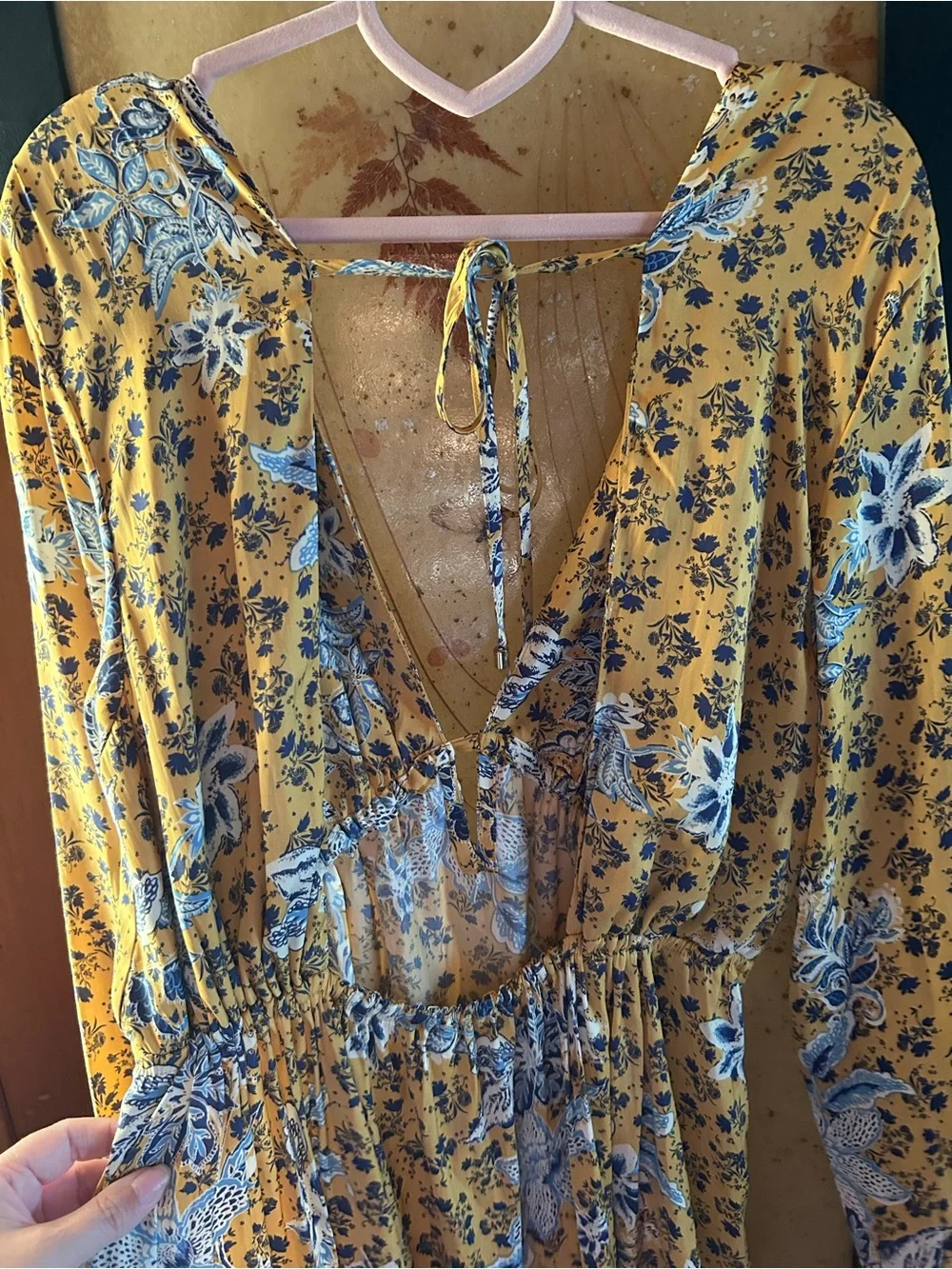 Free People Floral Yellow V-Neck Long Sleeve Dress